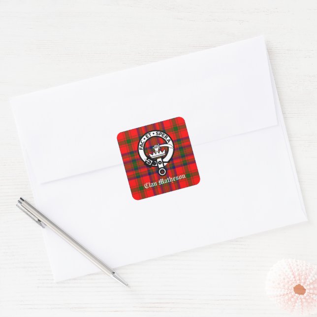 Clan Matheson Crest Badge and Tartan  Square Sticker (Envelope)