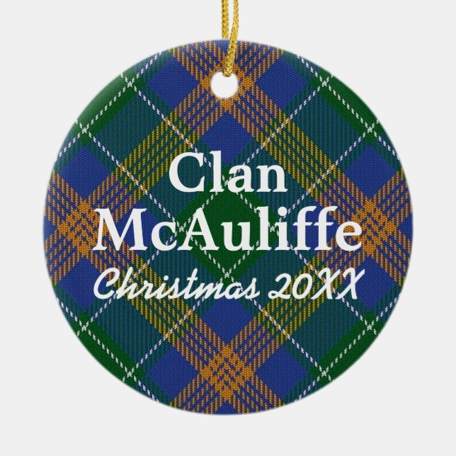 Clan McAuliffe Irish Tartan Ceramic Tree Decoration (Front)
