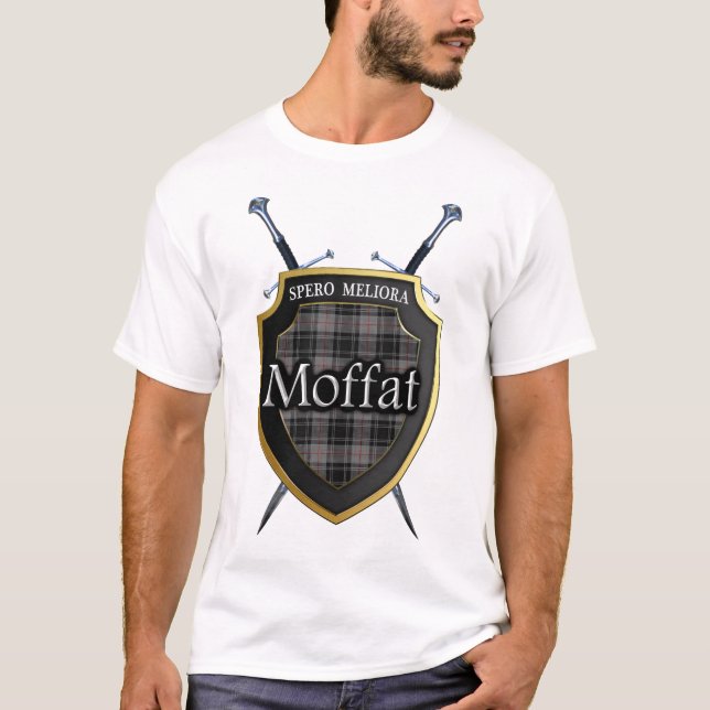 Clan Moffat Tartan Plaid Shield & Swords T-Shirt (Front)