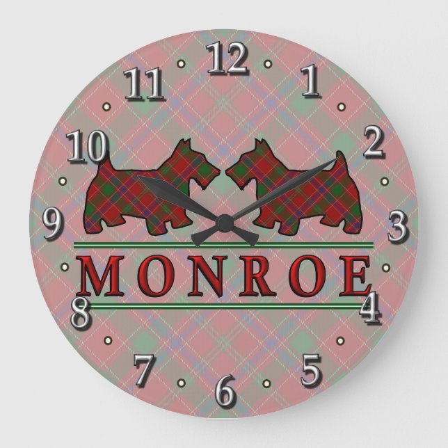 Clan Monroe Munro Tartan Scottie Dogs Large Clock (Front)