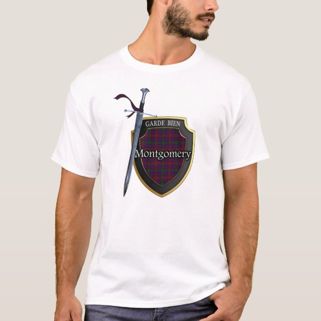 Clan Montgomery Tartan Scottish Shield & Sword T-Shirt (Front)