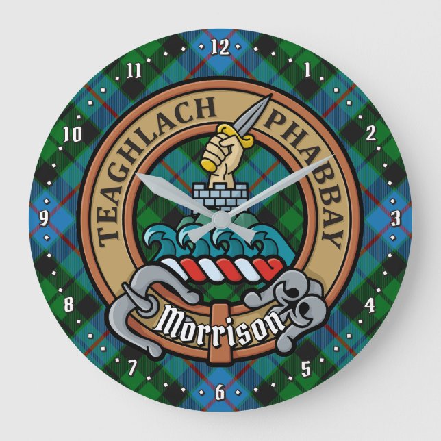 Clan Morrison Crest over Hunting Tartan Large Clock (Front)