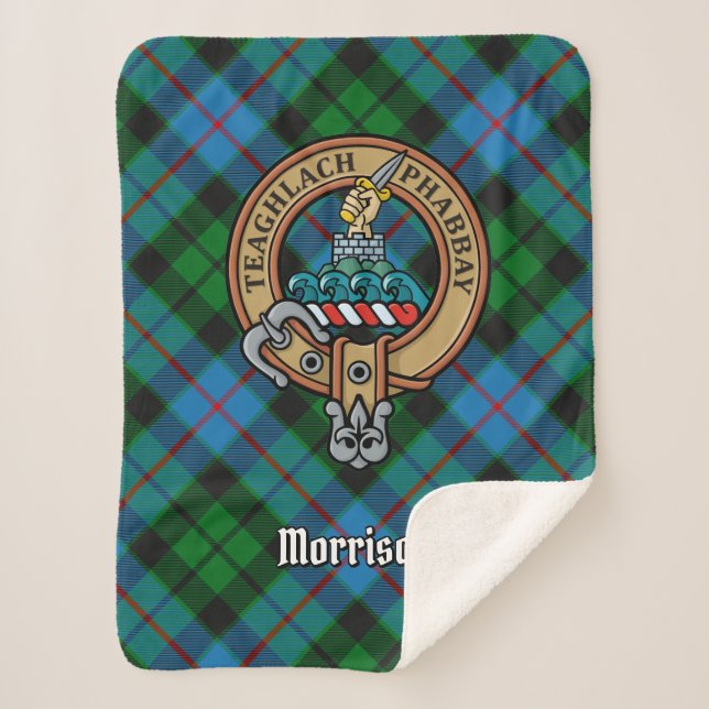 Clan Morrison Crest over Hunting Tartan Sherpa Blanket (Front)