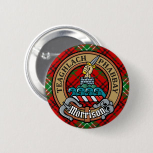 Clan Morrison Crest over Red Tartan 6 Cm Round Badge