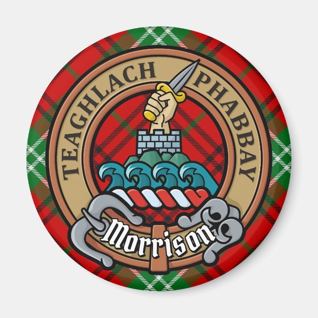 Clan Morrison Crest over Red Tartan Magnet (Front)