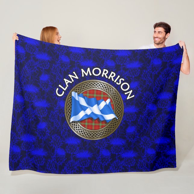 Clan Morrison Tartan Knot & Flag Fleece Blanket (In Situ)