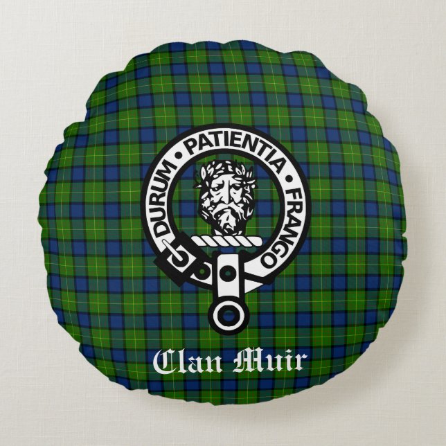 Clan Muir or More Crest Badge & Tartan Round Cushion (Front)