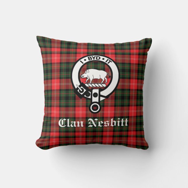 Clan Nesbitt Crest Badge & Tartan Personalised Cushion (Front)