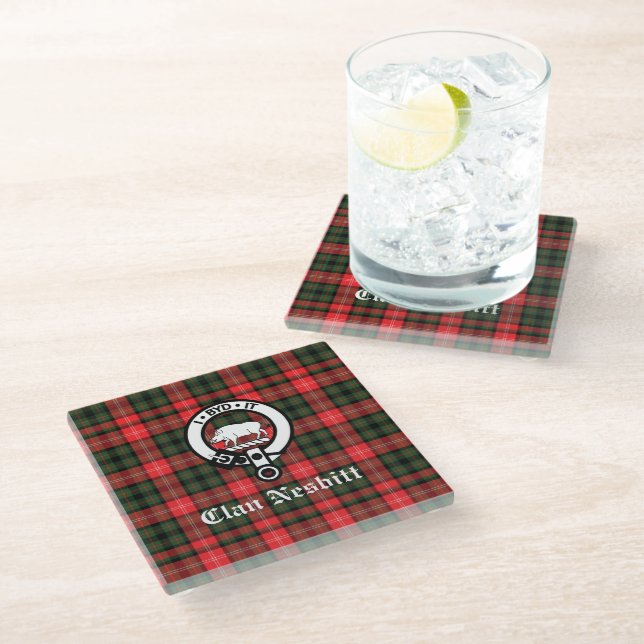 Clan Nesbitt Crest Badge & Tartan Personalised Glass Coaster (Angled)