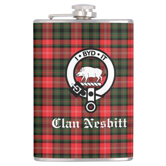 Clan Nesbitt Crest Badge & Tartan Personalised Hip Flask (Front)