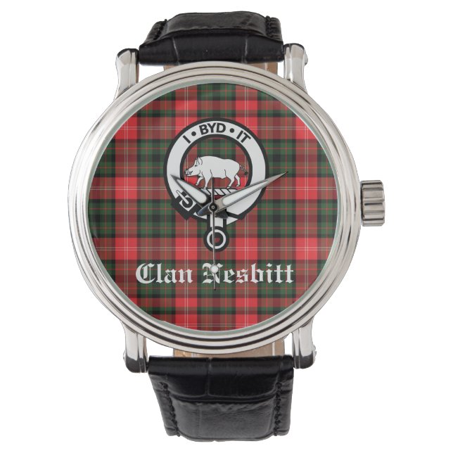 Clan Nesbitt Crest Badge & Tartan Personalised Watch (Front)
