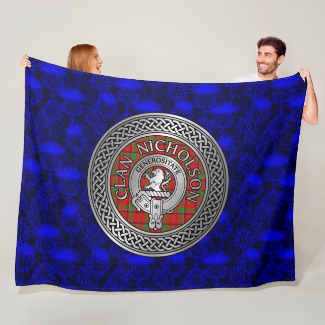 Clan Nicholson Crest & Tartan Knot Fleece Blanket (In Situ)