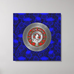 Clan Nicholson Crest & Tartan Knot on Thistle Canvas Print