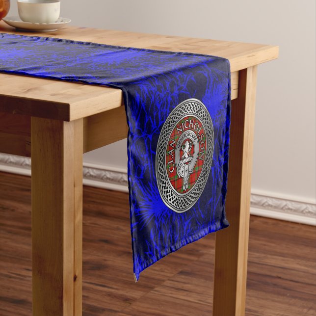 Clan Nicholson Crest & Tartan Knot Short Table Runner (In Situ)