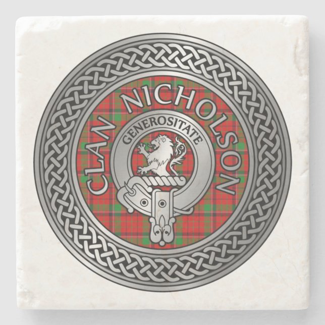 Clan Nicholson Crest & Tartan Knot Stone Coaster (Front)