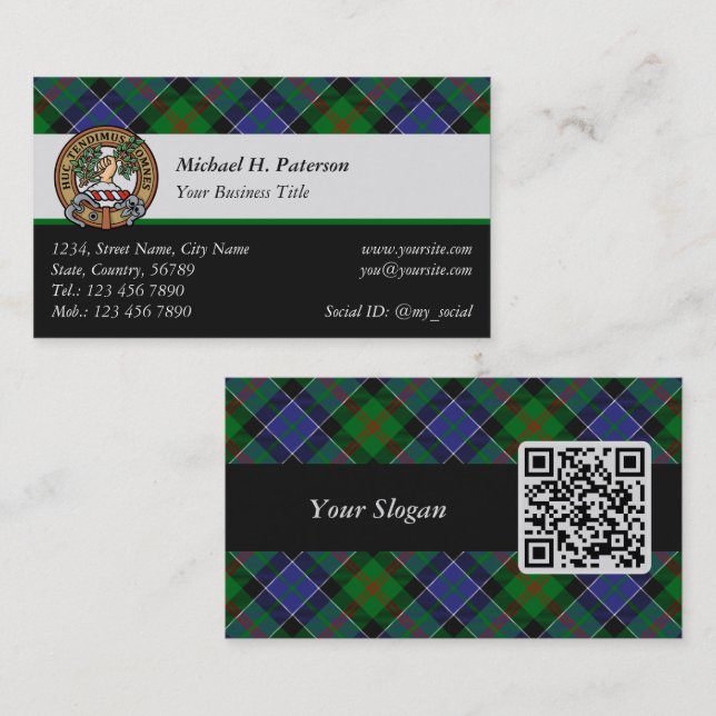 Clan Paterson Crest over Tartan Business Card (Front/Back)
