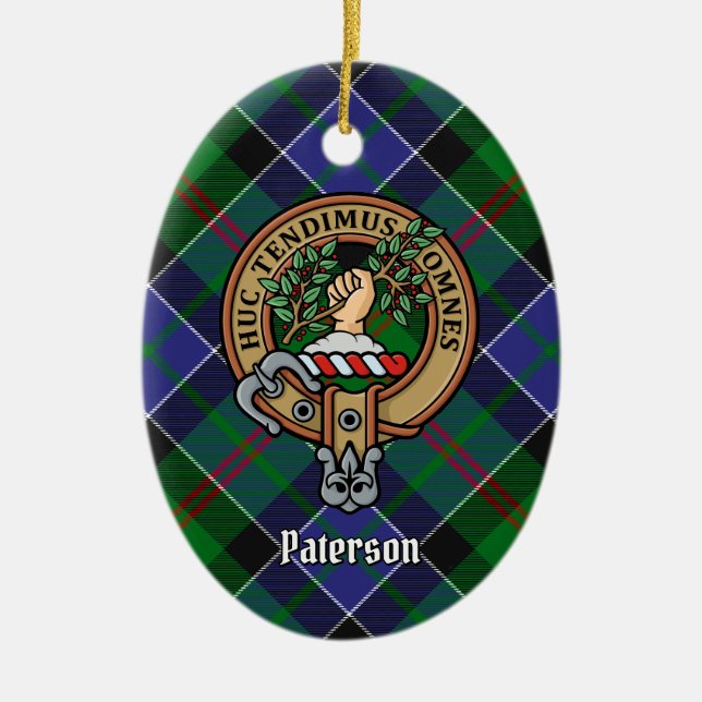 Clan Paterson Crest over Tartan Ceramic Tree Decoration (Front)