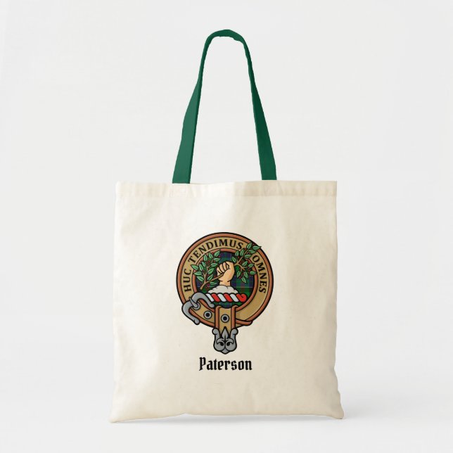 Clan Paterson Crest over Tartan Tote Bag (Front)