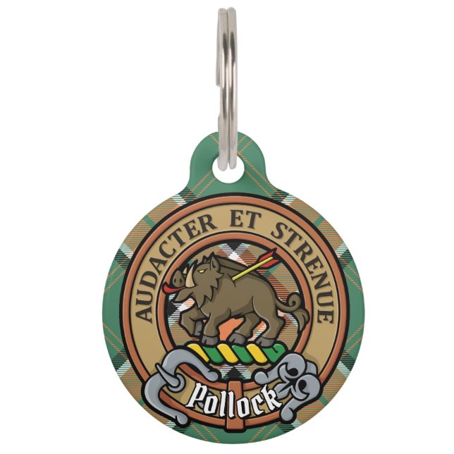 Clan Pollock Crest over Tartan Pet Tag (Front)