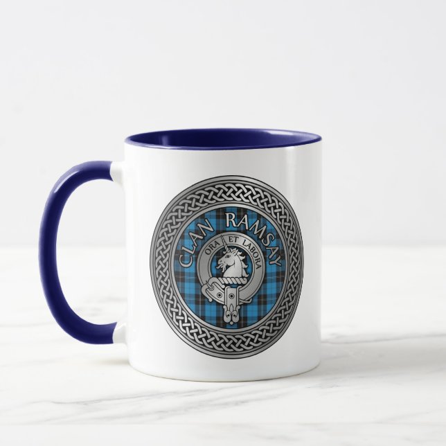 Clan Ramsay Crest & Hunting Tartan Knot Mug (Left)