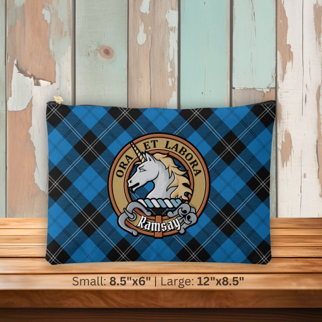 Clan Ramsay Crest over Blue Hunting Tartan Accessory Pouch (Creator Uploaded)