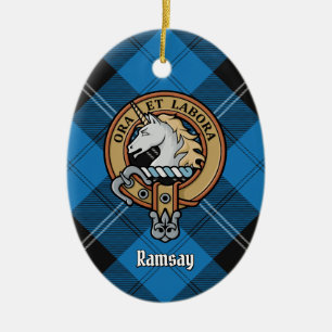 Clan Ramsay Crest over Blue Hunting Tartan Ceramic Tree Decoration