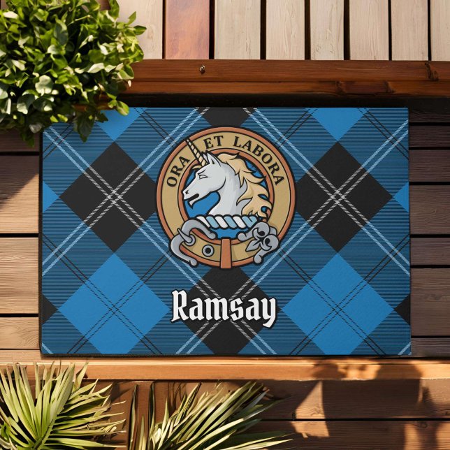 Clan Ramsay Crest over Blue Hunting Tartan Doormat (Creator Uploaded)