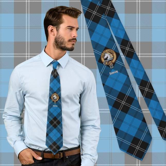 Clan Ramsay Crest over Blue Hunting Tartan Tie (Creator Uploaded)
