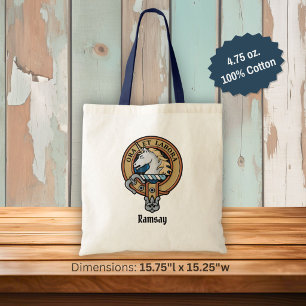 Clan Ramsay Crest over Blue Hunting Tartan Tote Bag