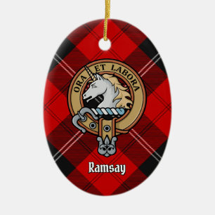 Clan Ramsay Crest over Red Tartan Ceramic Tree Decoration