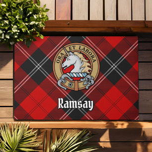 Clan Ramsay Crest over Red Tartan Doormat