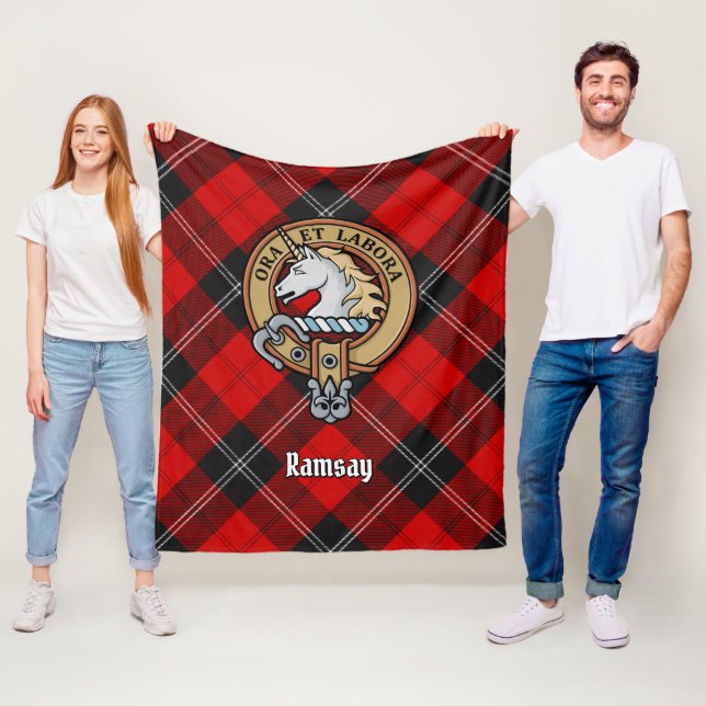 Clan Ramsay Crest over Red Tartan Fleece Blanket (In Situ)