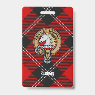 Clan Ramsay Crest over Red Tartan ID Badge