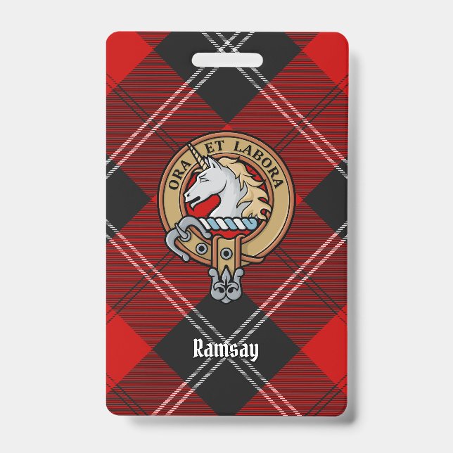 Clan Ramsay Crest over Red Tartan ID Badge (Front)