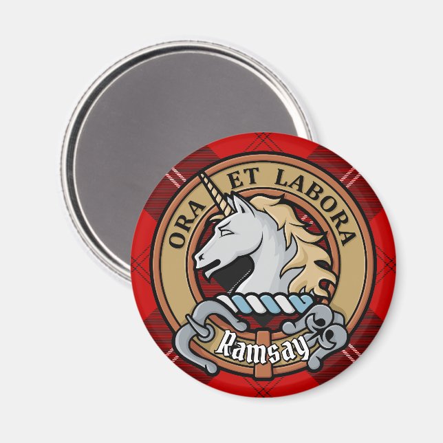Clan Ramsay Crest over Red Tartan Magnet (Front/Back)