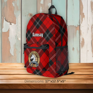 Clan Ramsay Crest over Red Tartan Printed Backpack