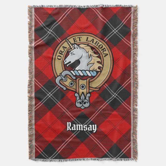 Clan Ramsay Crest over Red Tartan Throw Blanket (Front Vertical)