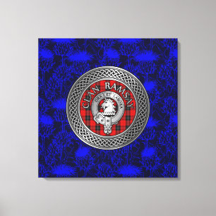 Clan Ramsay Crest & Tartan Knot on Thistle Canvas Print