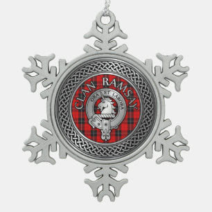 Clan Ramsay Crest & Tartan Knot Snowflake Pewter Christmas Ornament