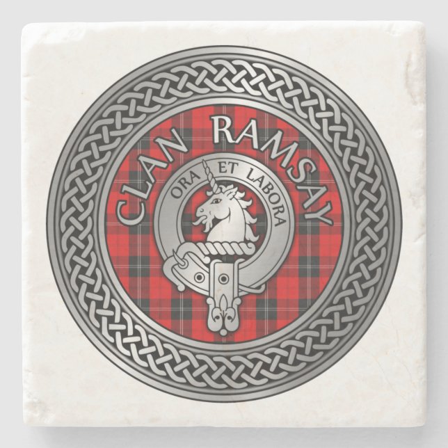 Clan Ramsay Crest & Tartan Knot Stone Coaster (Front)