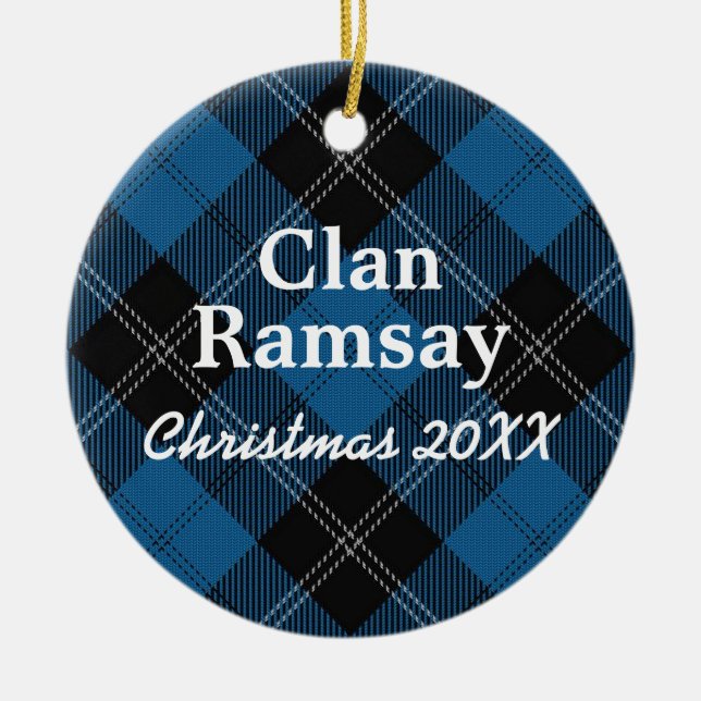 Clan Ramsay Scottish Blue Hunting Tartan Ceramic Tree Decoration (Front)