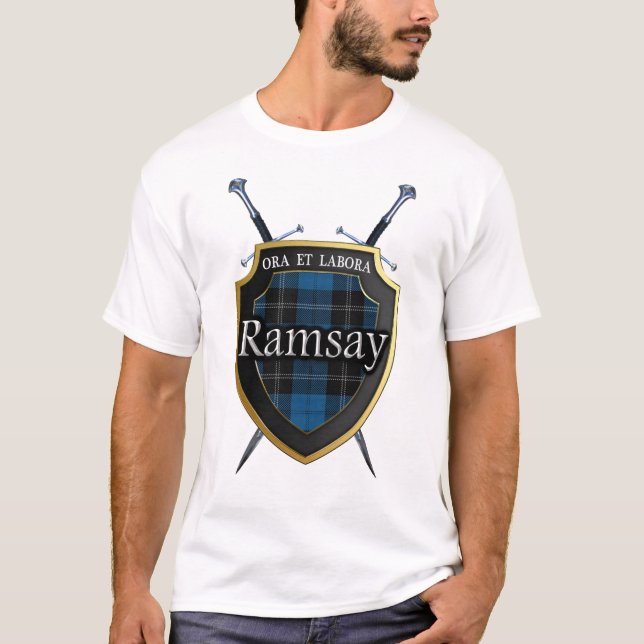 Clan Ramsay Tartan Plaid Shield & Swords T-Shirt (Front)