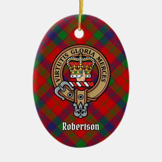 Clan Robertson Crest over Tartan Ceramic Tree Decoration (Front)