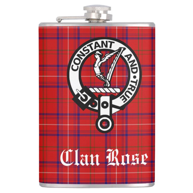 Clan Rose Crest Badge and Tartan Hip Flask (Front)