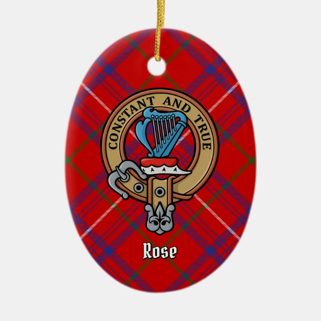 Clan Rose Crest over Tartan Ceramic Tree Decoration (Front)