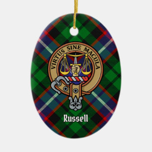 Clan Russell Crest over Tartan Ceramic Tree Decoration