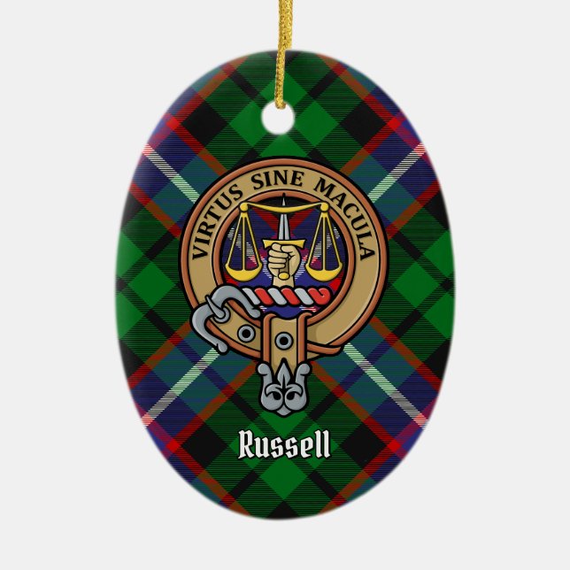 Clan Russell Crest over Tartan Ceramic Tree Decoration (Front)