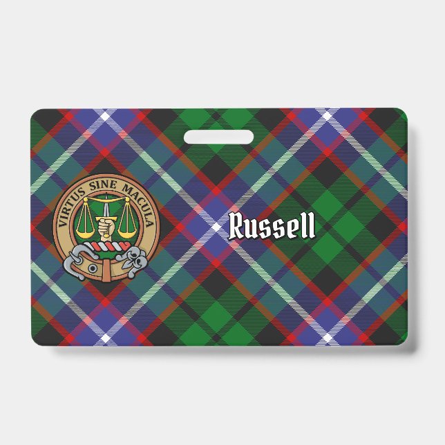 Clan Russell Crest over Tartan ID Badge (Front)