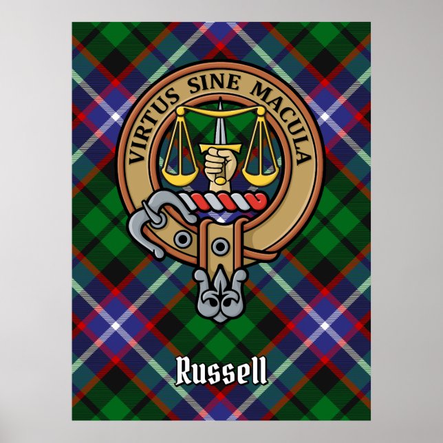 Clan Russell Crest over Tartan Poster (Front)