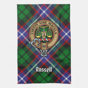 Clan Russell Crest over Tartan Tea Towel